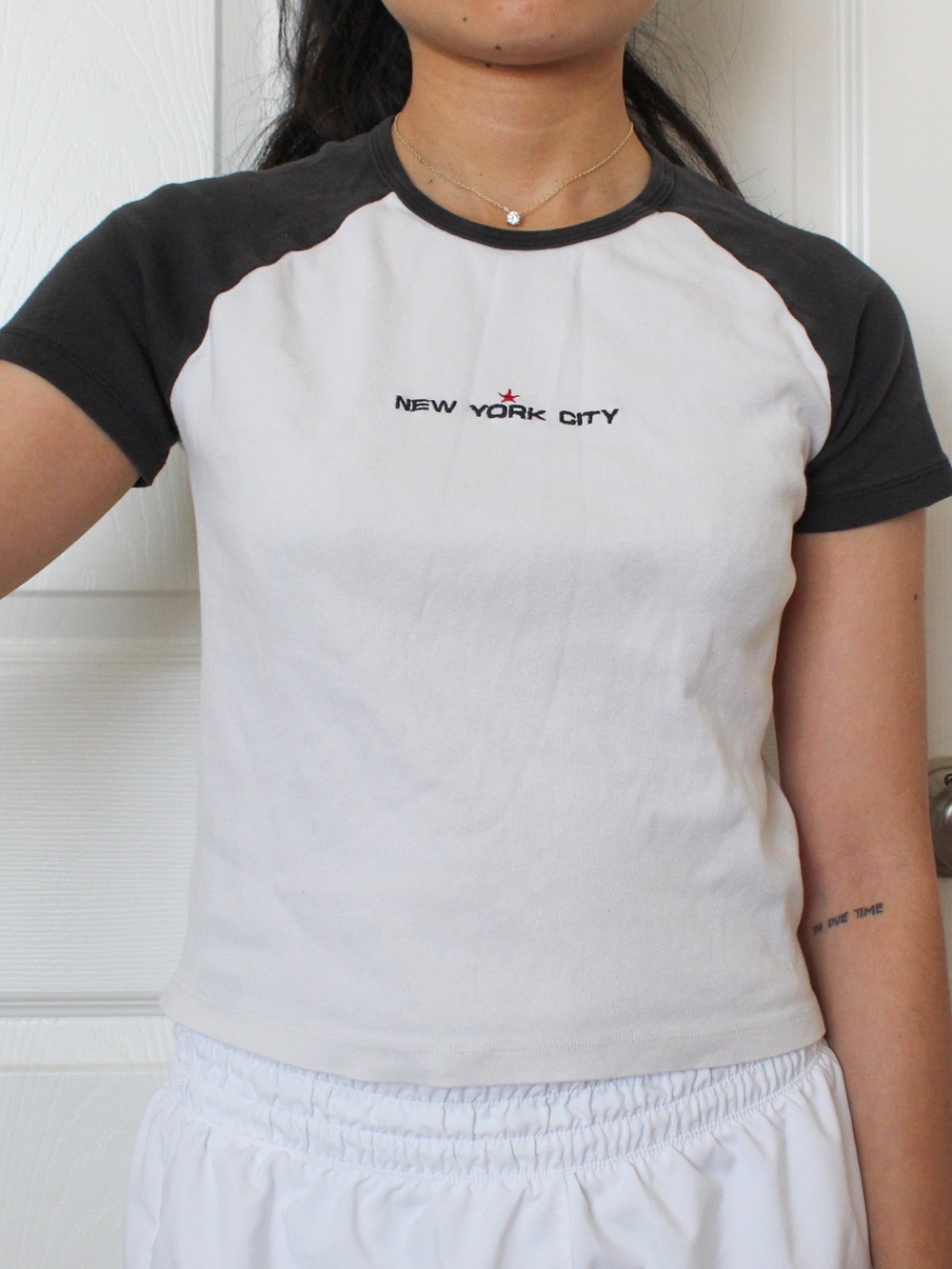 Brandy Melville White Tee with Black Raglan Sleeves